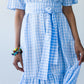 Frankie blue check dress, close-up of tied belt and tiered hem