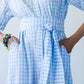 Frankie blue check dress, close-up front view with hands in pockets
