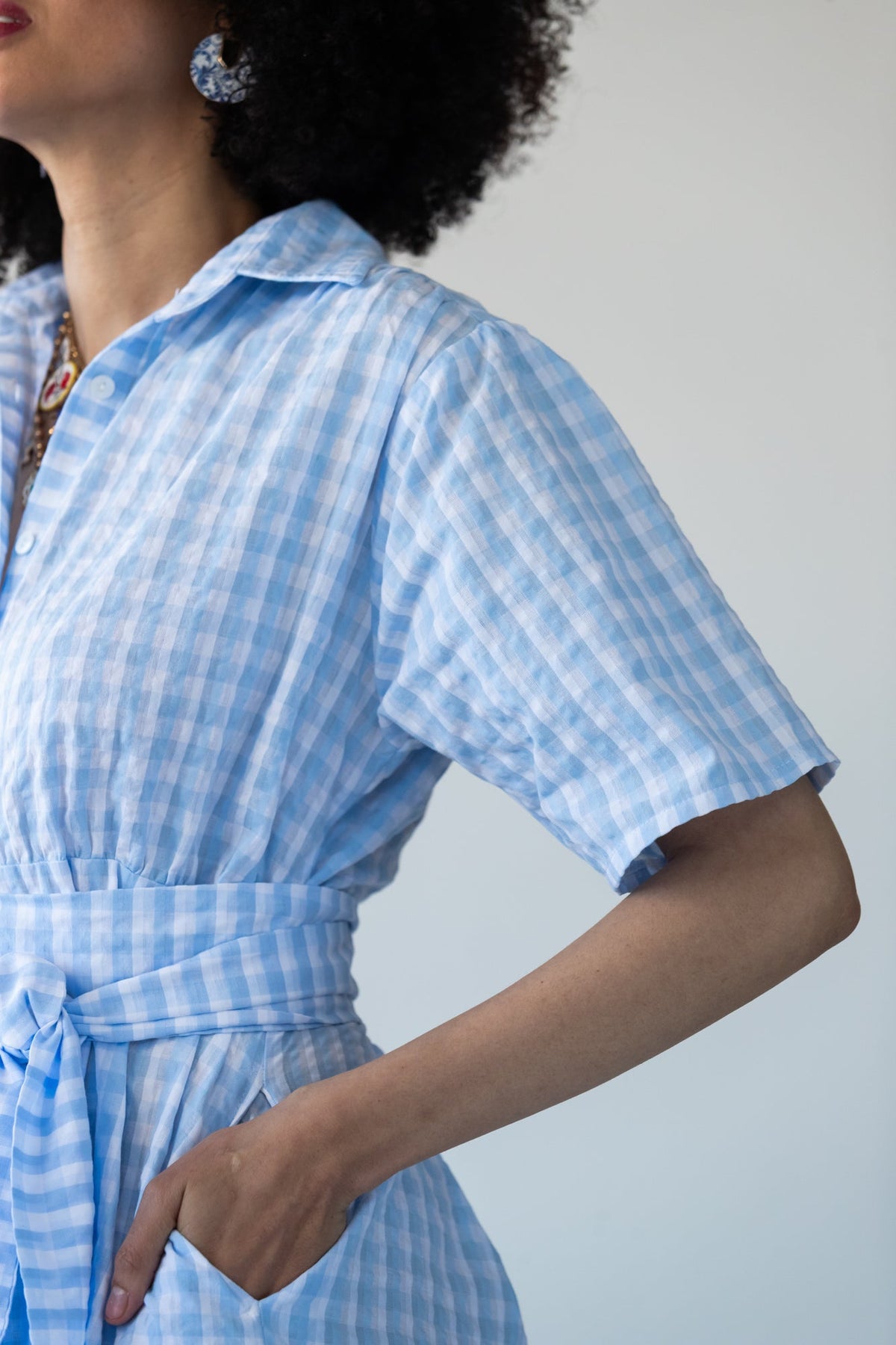 Frankie blue check dress, close-up of sleeve and shoulder detail