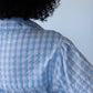 Frankie blue check dress, close-up of shoulder and sleeve from behind