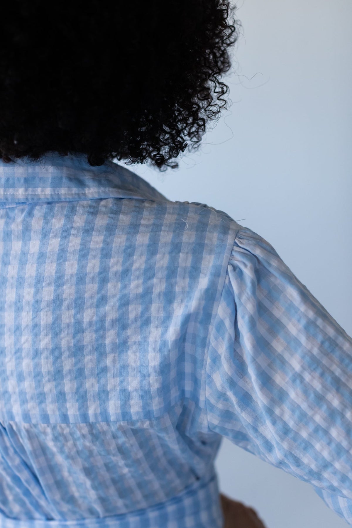 Frankie blue check dress, close-up of shoulder and sleeve from behind