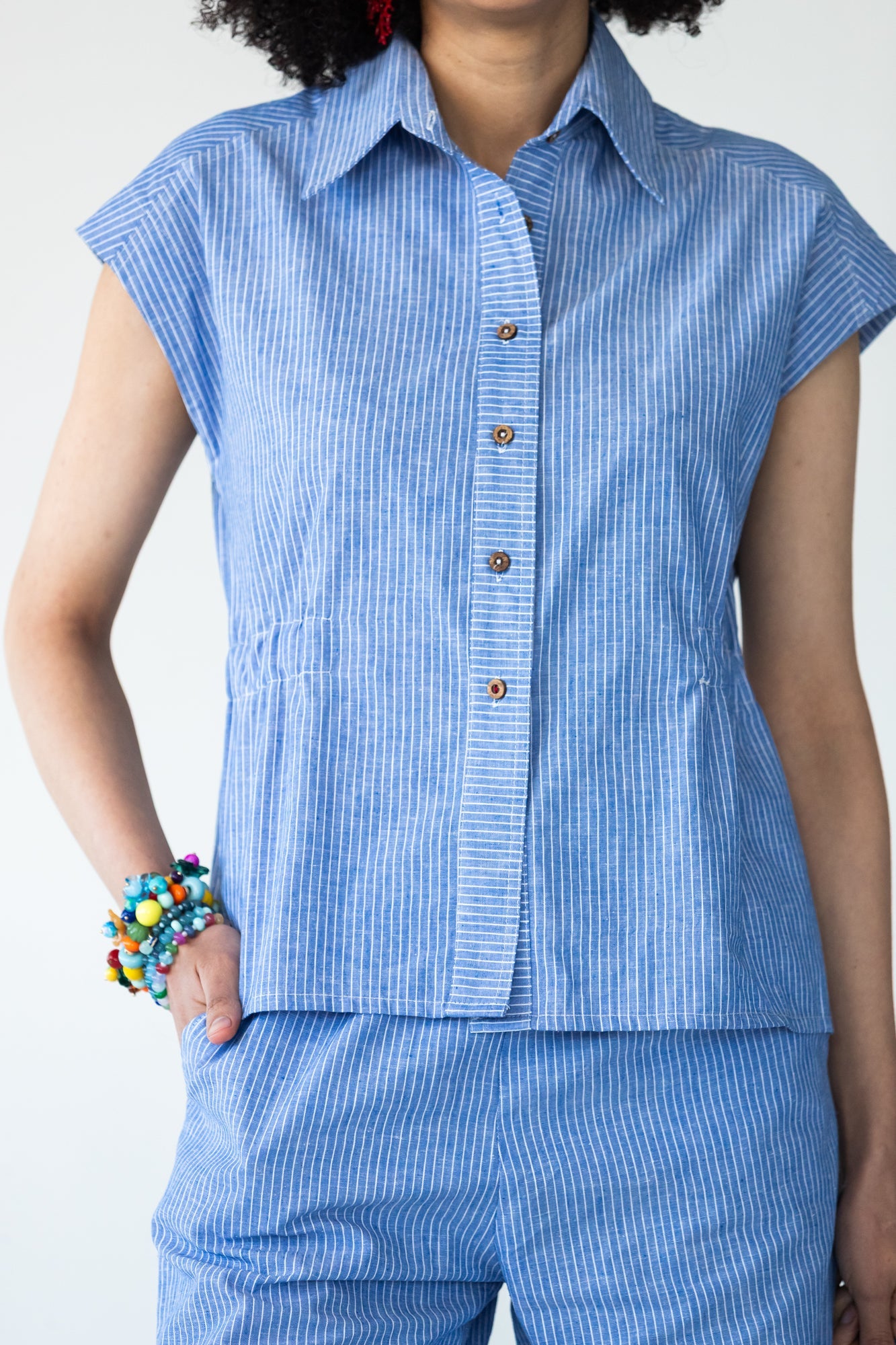 Reese stripe shirt, close up of button placket and elasticated waist