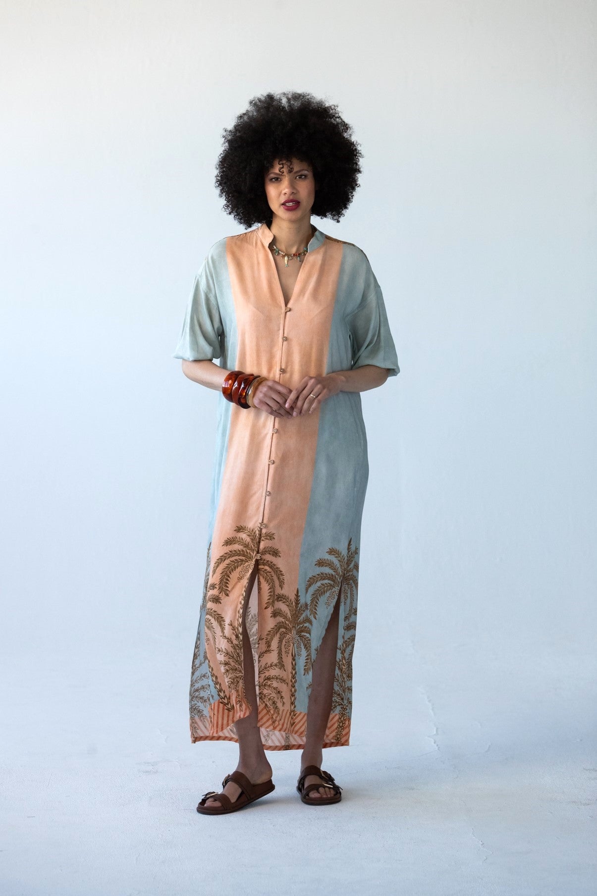 Bailey peach and pale blue symmetrical stripe kaftan, front view showing palm print hem