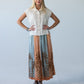 Sorrento peach and pale blue symmetrical stripe skirt, front view styled with cream shirt