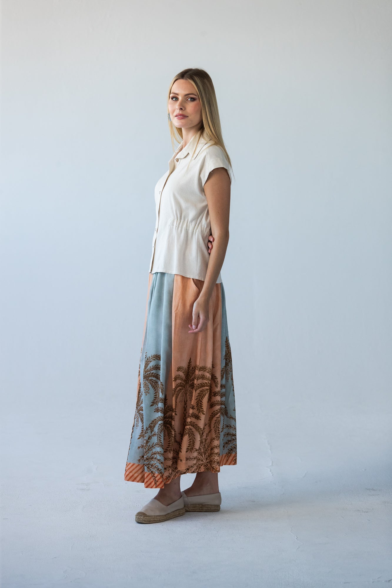 Sorrento stripe palm print skirt, side profile view