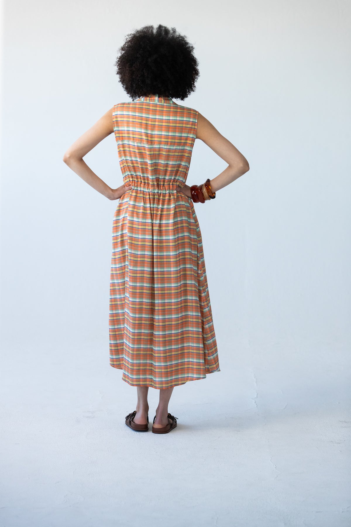 Sutton orange check shirt-dress, full-length back view showing yoke and elasticated waist