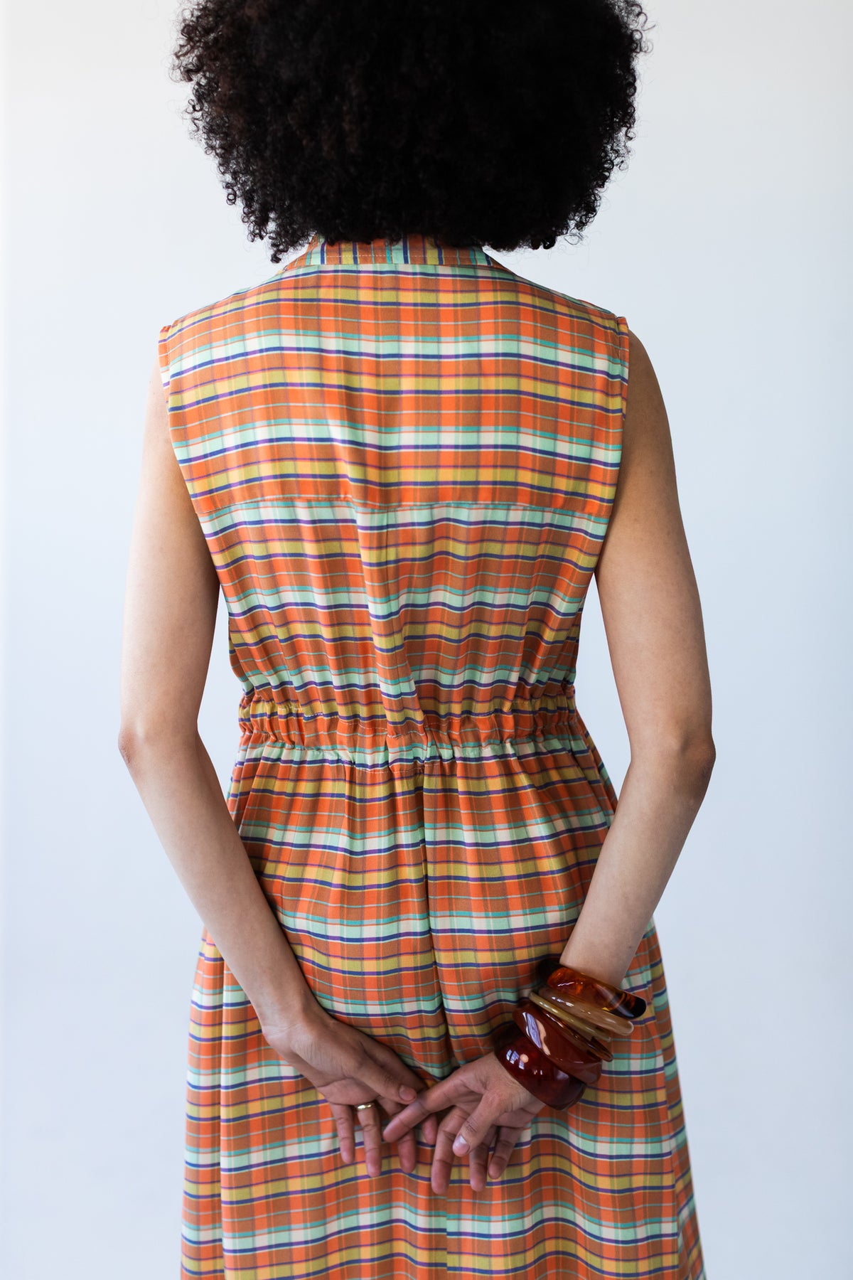 Sutton orange check shirt-dress, back view of yoke and elasticated waist
