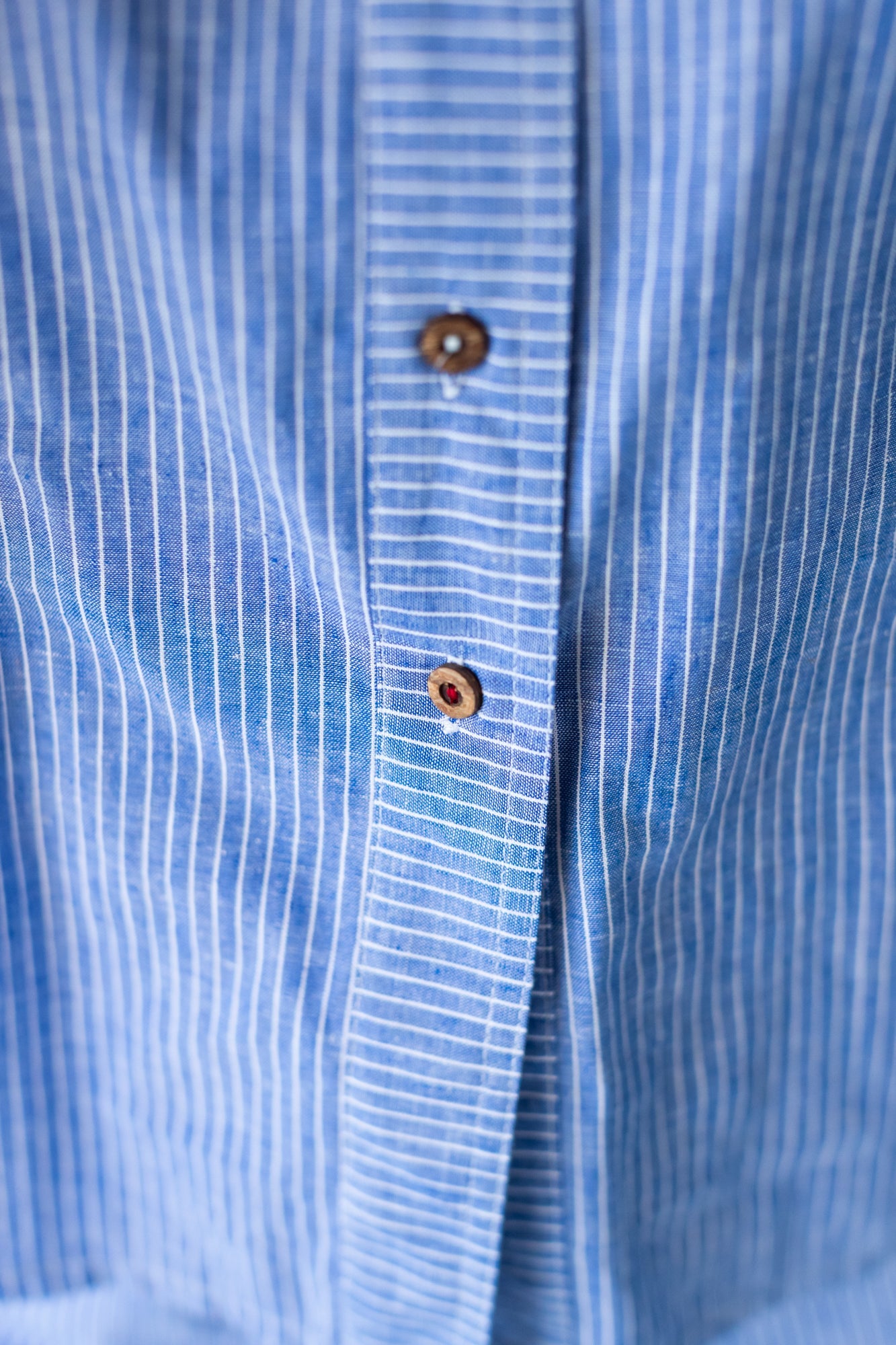 Reese stripe shirt, close up of button placket detail
