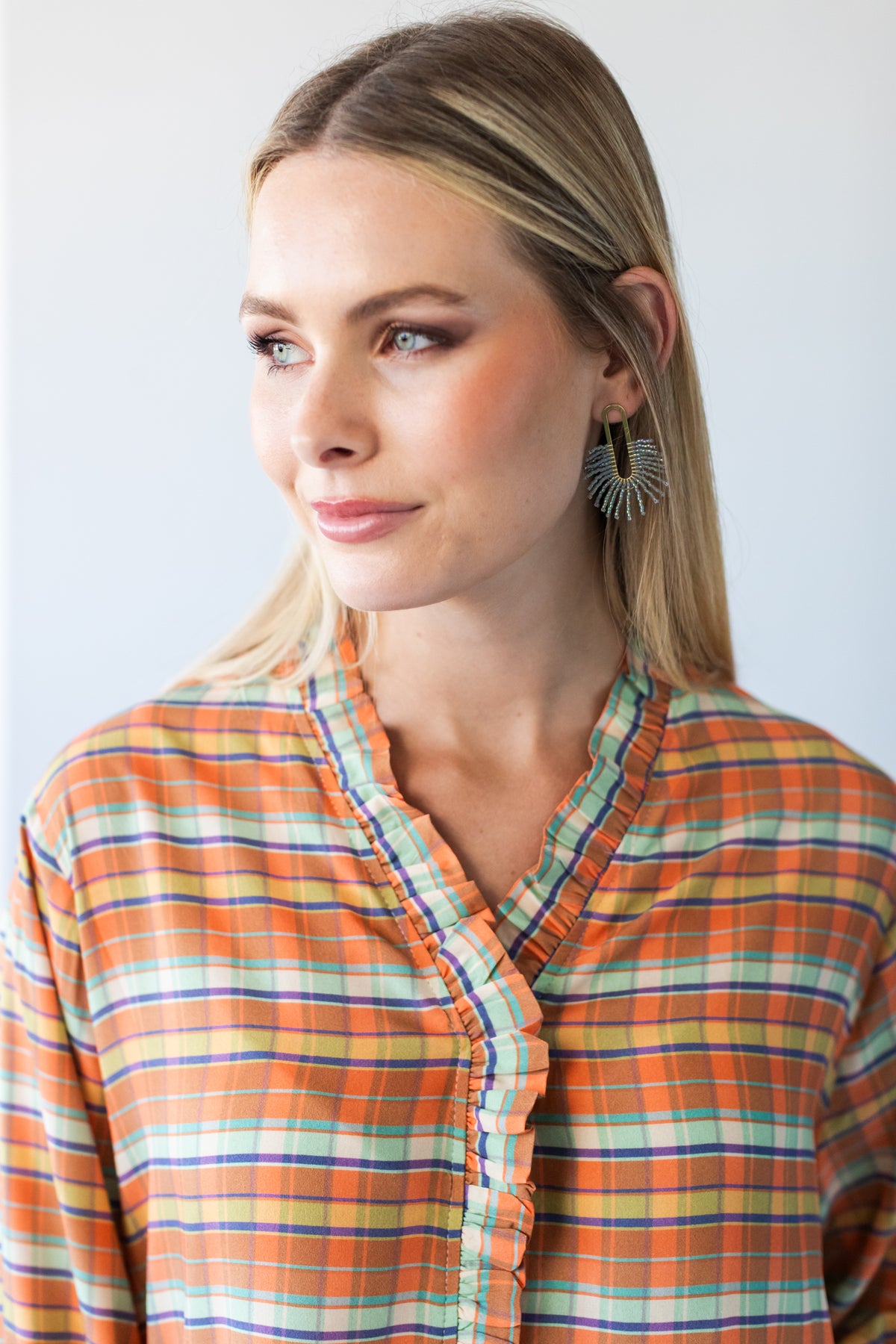 Darcy frill shirt, close-up of frilled neckline and placket