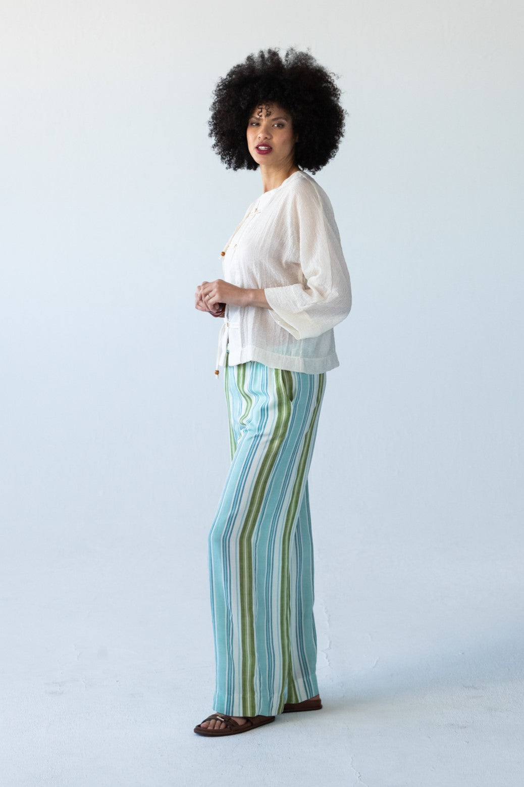 Sydney stripe wide leg pants, side profile view