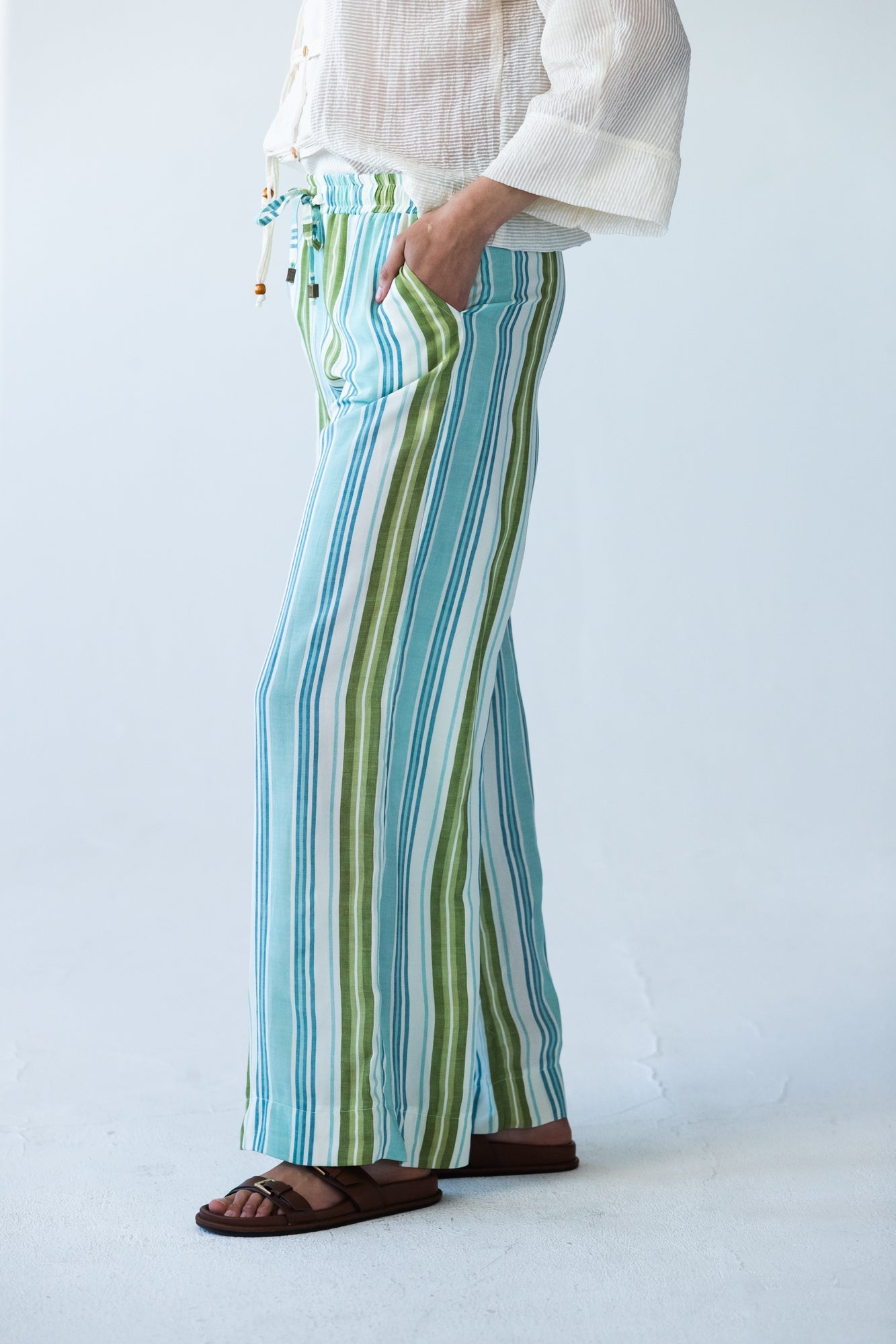 Sydney stripe wide leg pants, close up side view showing drawcord waist