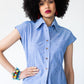 Reese stripe shirt, front view with hand on hip