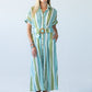 Quinn blue green stripe dress, front view styled with woven buckle belt