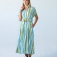 Quinn blue green stripe dress, front view with hand at collar