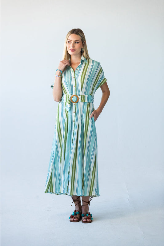 Quinn blue green stripe dress, front view with hand at collar