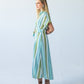 Quinn blue green stripe dress, side profile view