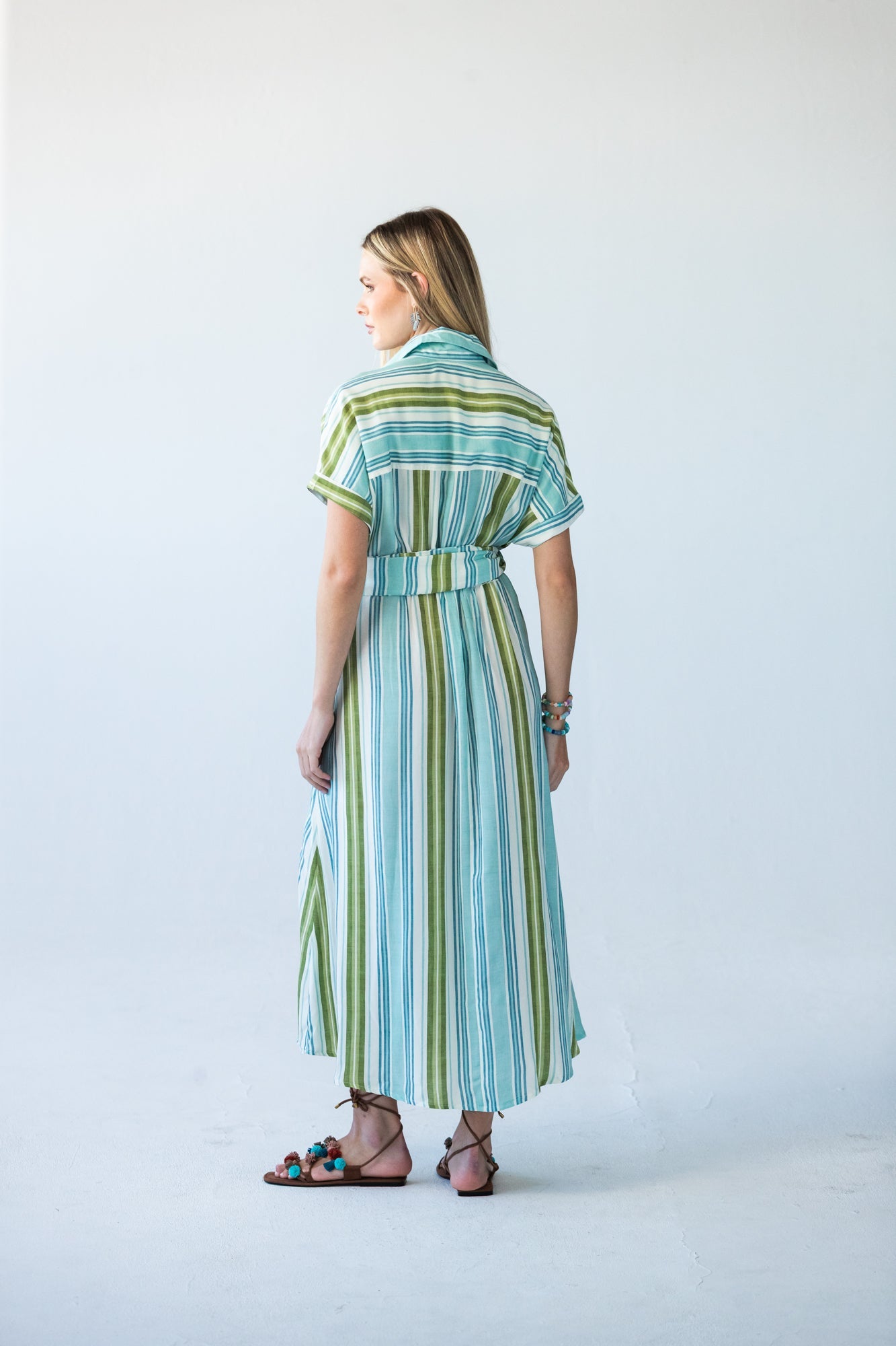 Quinn blue green stripe dress, back view
