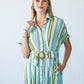 Quinn blue green stripe dress, close up of collar and belt buckle