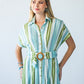 Quinn blue green stripe dress, close up of collar and neckline