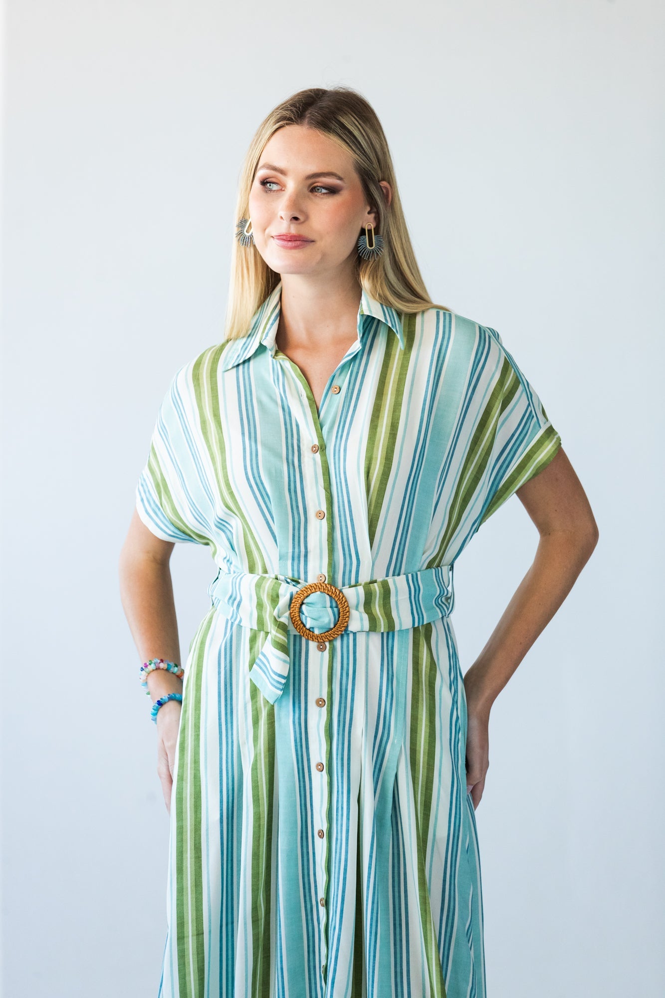 Quinn blue green stripe dress, close up of collar and neckline