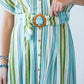 Quinn blue green stripe dress, close up of belt buckle and button placket