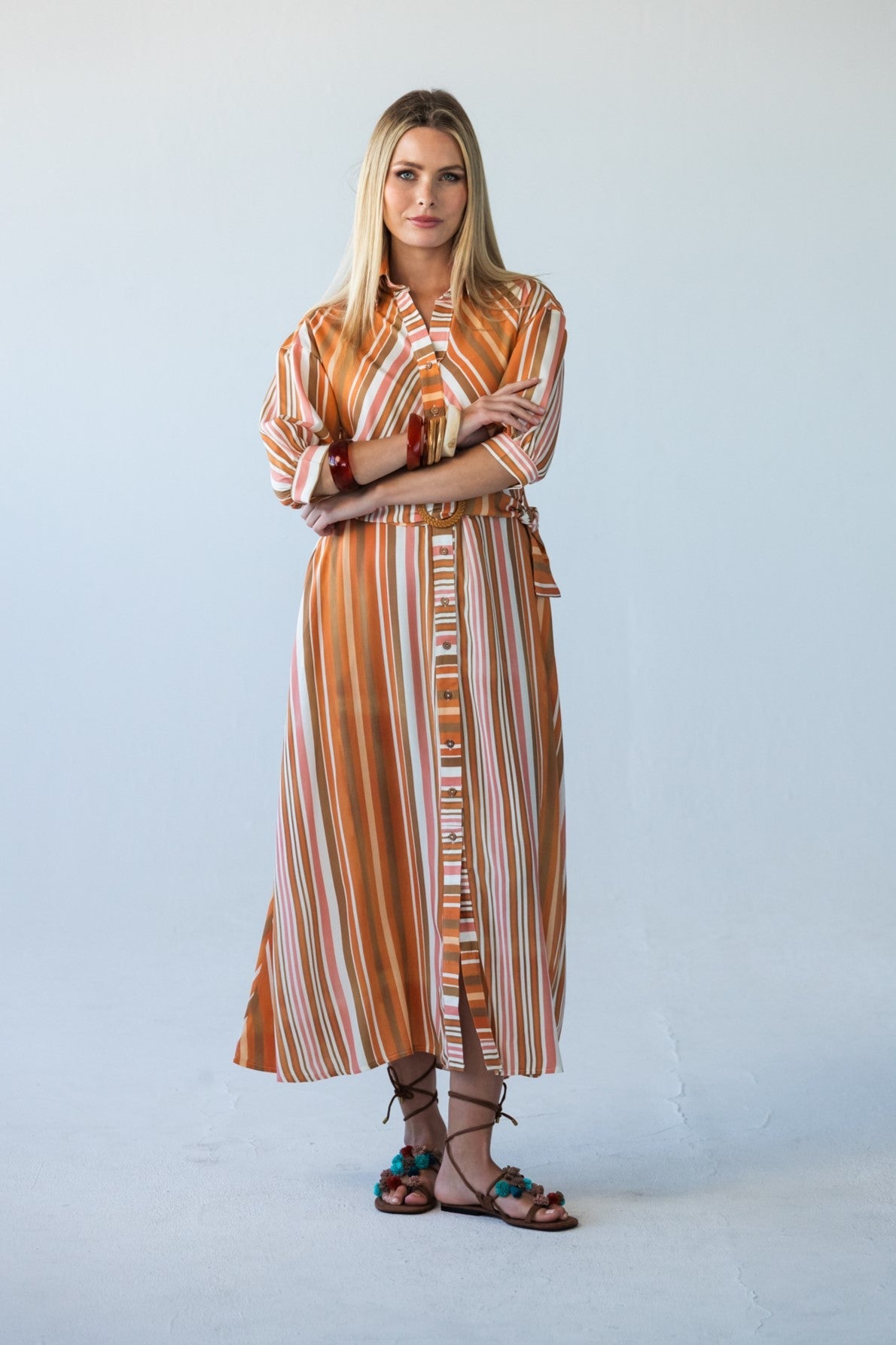 Cassidy Sunset Stripe shirt dress, front view with arms crossed