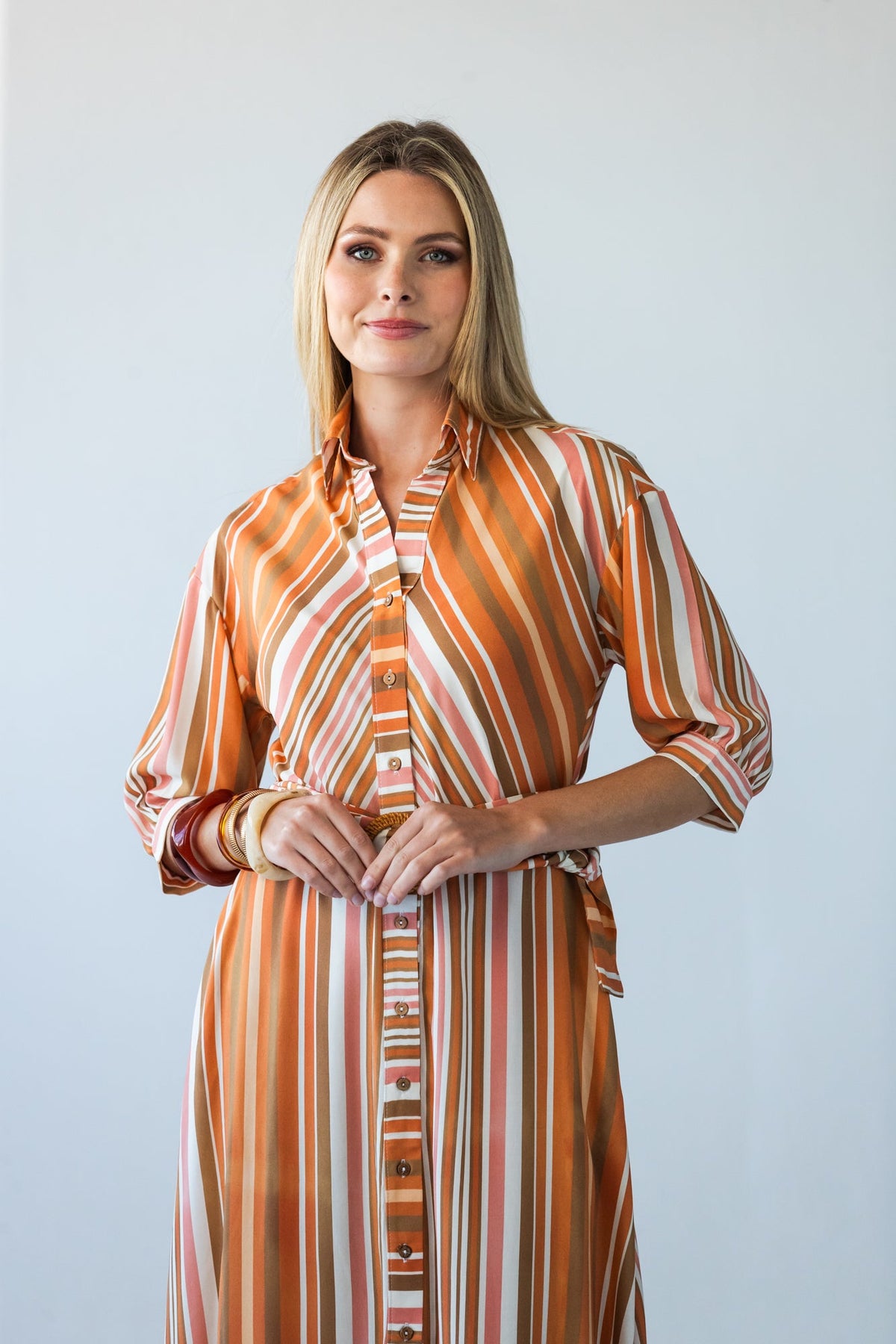 Cassidy Sunset Stripe dress, close-up of collar, button stand and bias-cut bodice