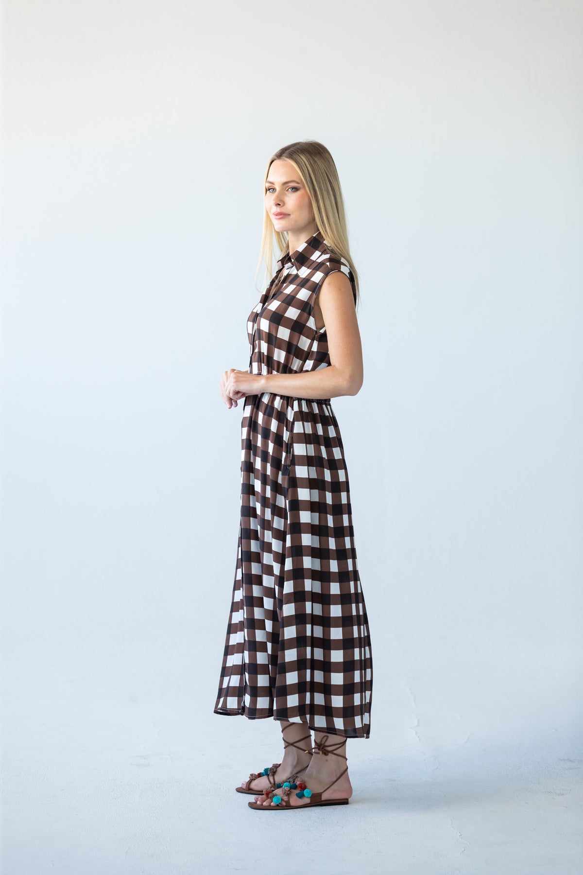 Sutton chocolate check shirt-dress, full-length side view