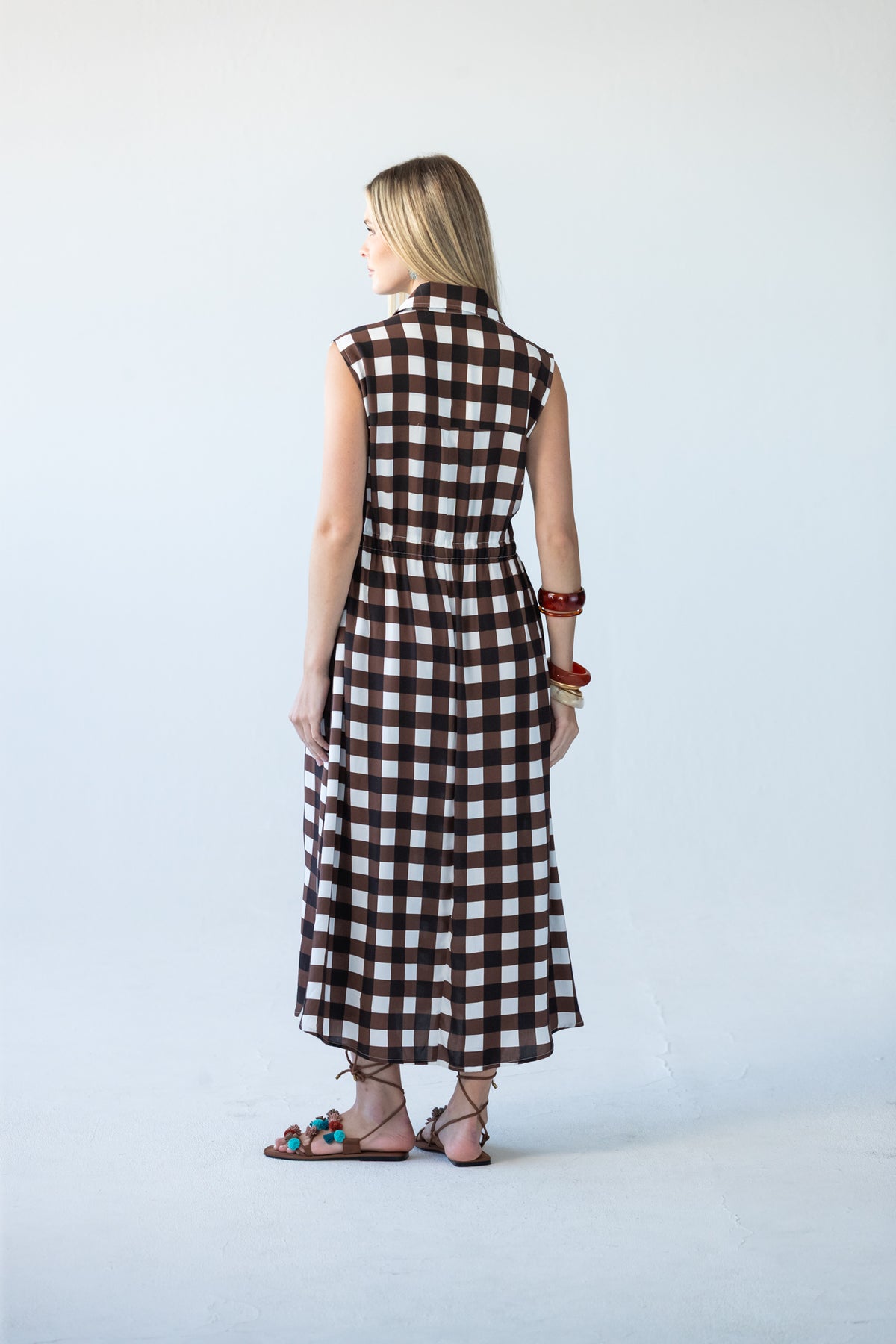 Sutton chocolate check shirt-dress, full-length back view showing yoke and elasticated waist