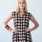 Sutton chocolate check shirt-dress, front view with hands on hips at the elasticated waist