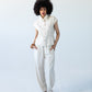 Parker stone barrel pants, front view full length styled with matching shirt