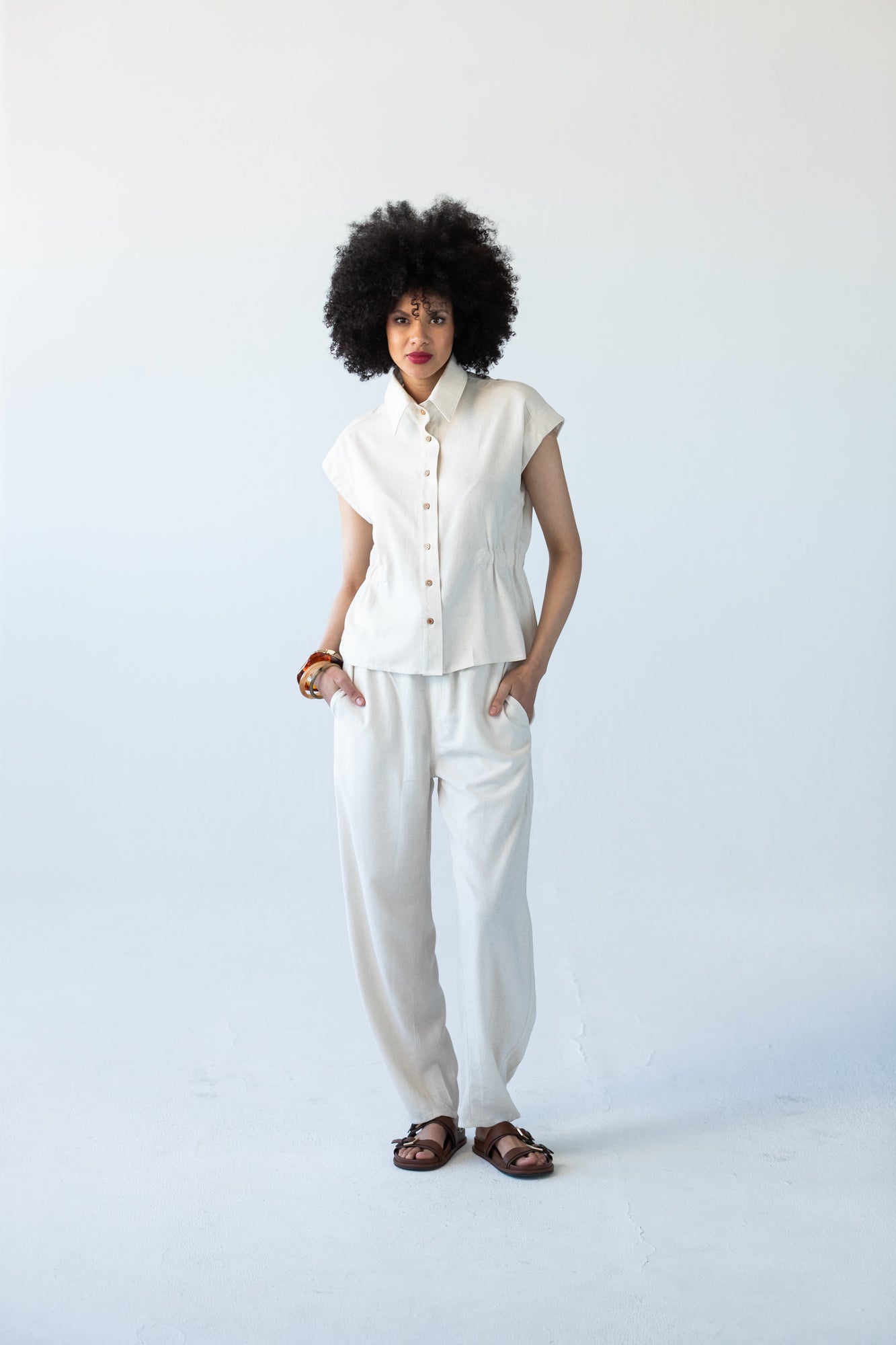 Parker stone barrel pants, front view full length styled with matching shirt
