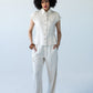 Parker stone barrel pants, front view styled with matching shirt