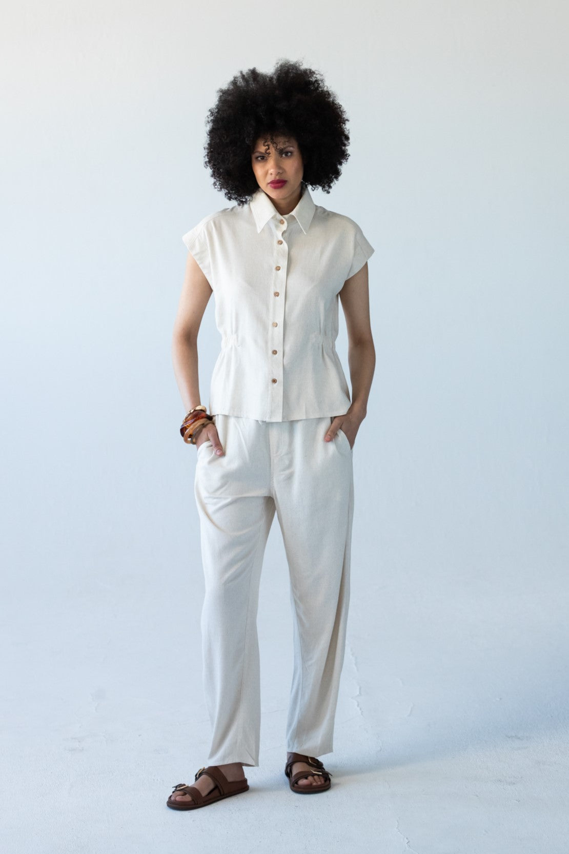 Reese stone shirt, front view full length styled with matching trousers