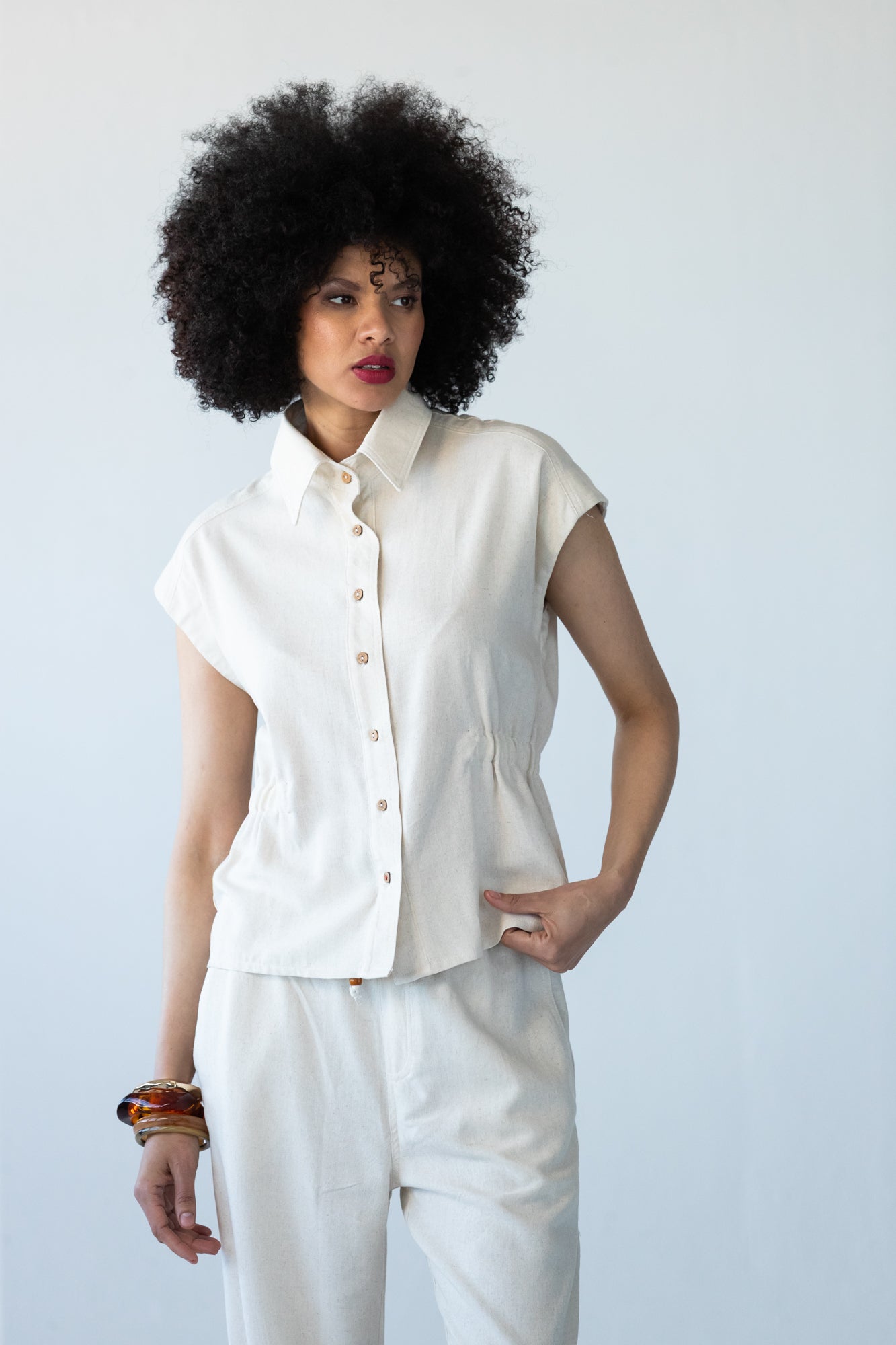 Reese stone shirt, front view styled with matching trousers