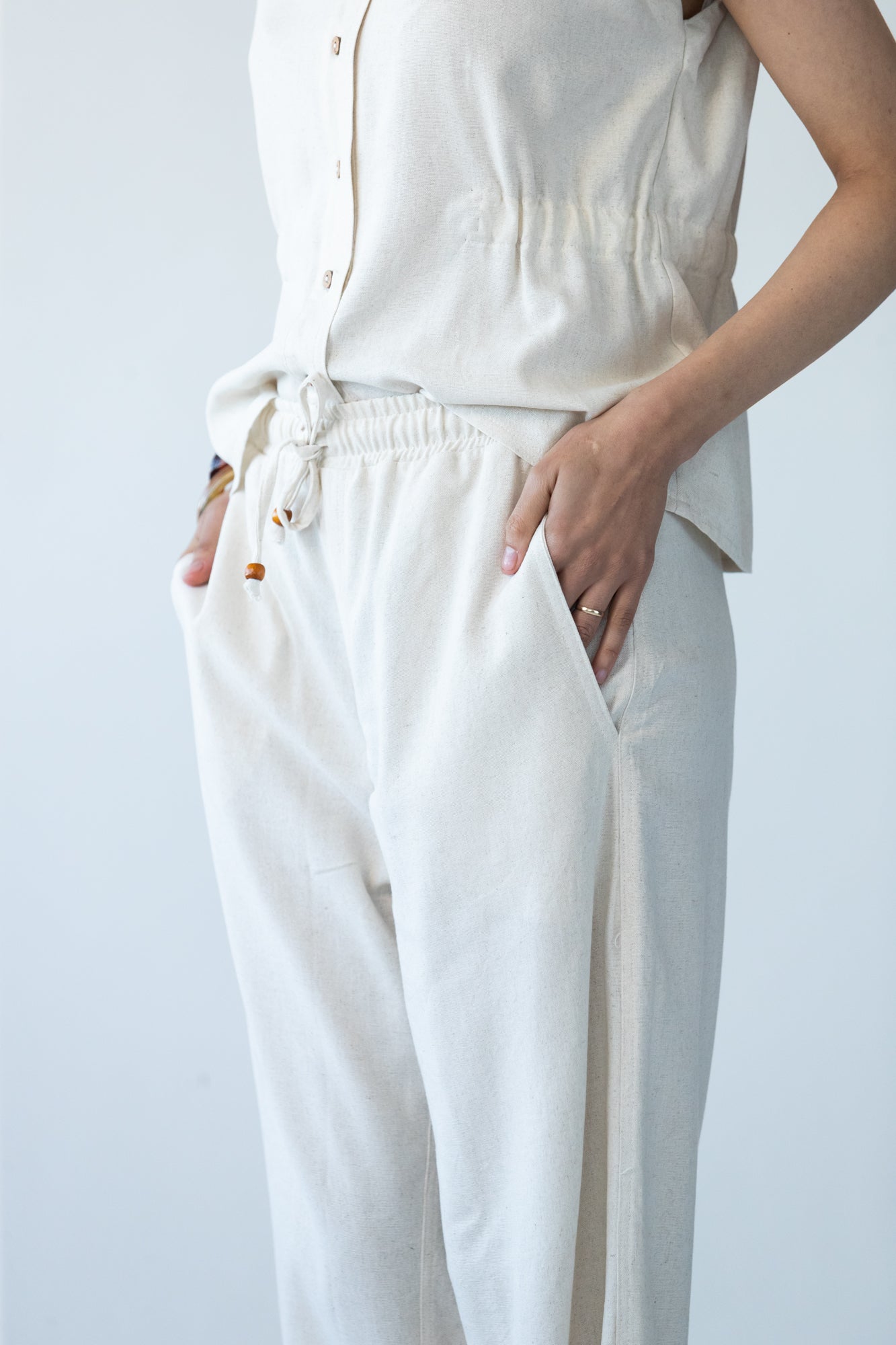 Parker stone barrel pants, close up of waistband and drawcord