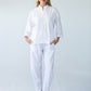 Parker white barrel pants, front full length view styled with white top