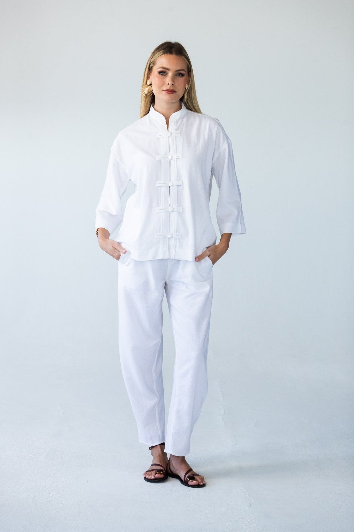 Parker white barrel pants, front full length view styled with white top