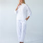 Kinsley white kaftan-style shirt, front view full length styled with Parker pants