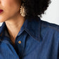Reese denim shirt, close up of collar with earring detail