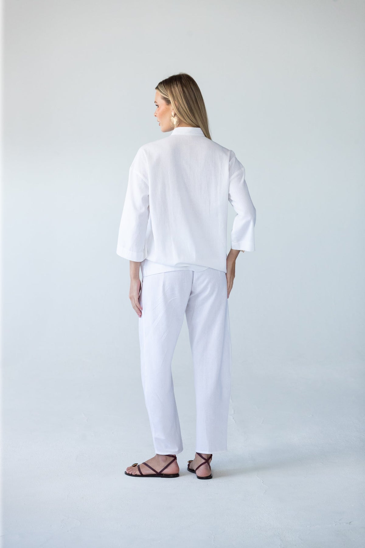 Kinsley white kaftan-style shirt, back view full length