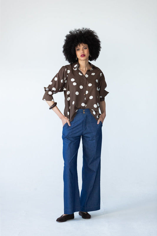 Blair wide leg denim pants, front view styled with polka dot shirt