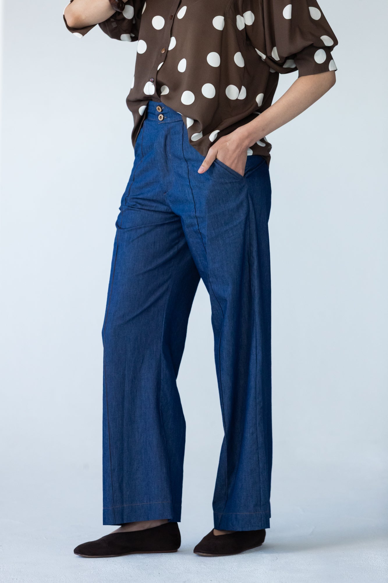 Blair wide leg denim pants, close up of waistband and centre seam