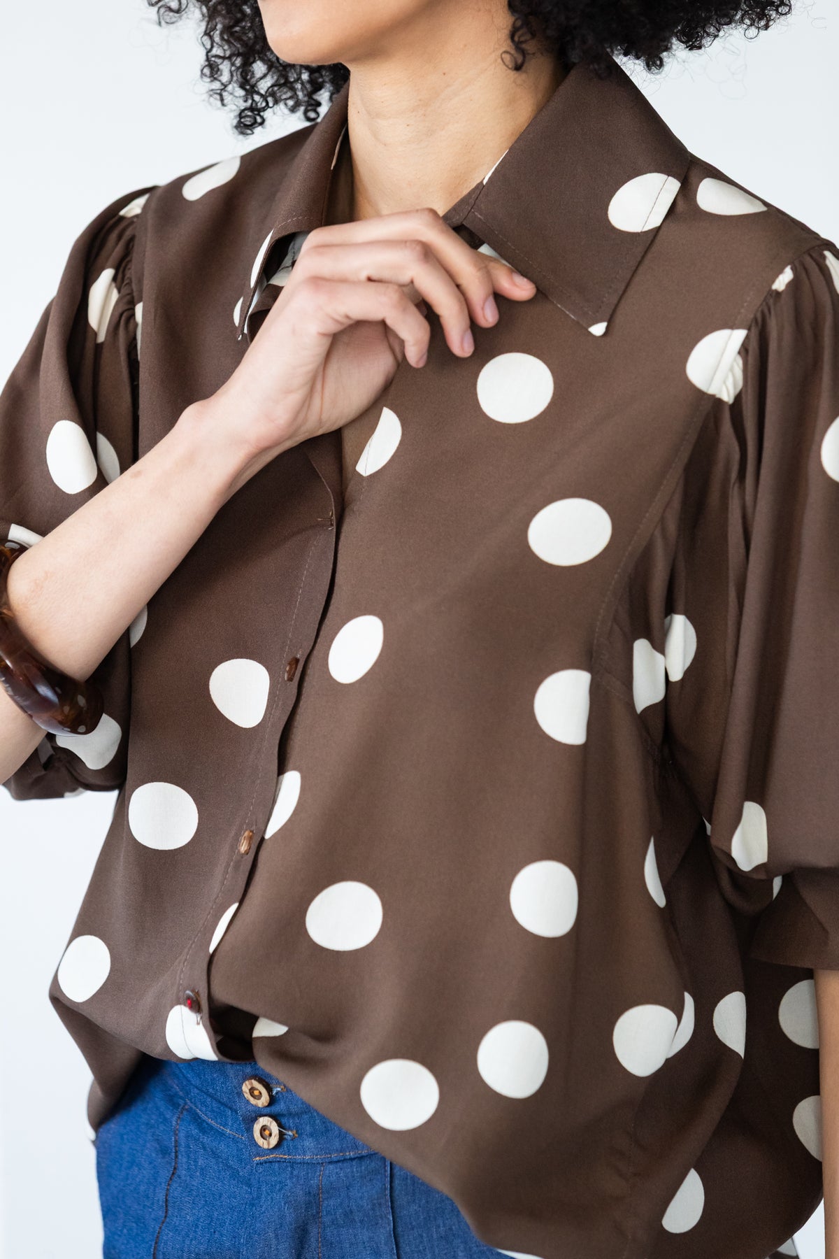 Harper polka dot shirt, close-up of collar and button front