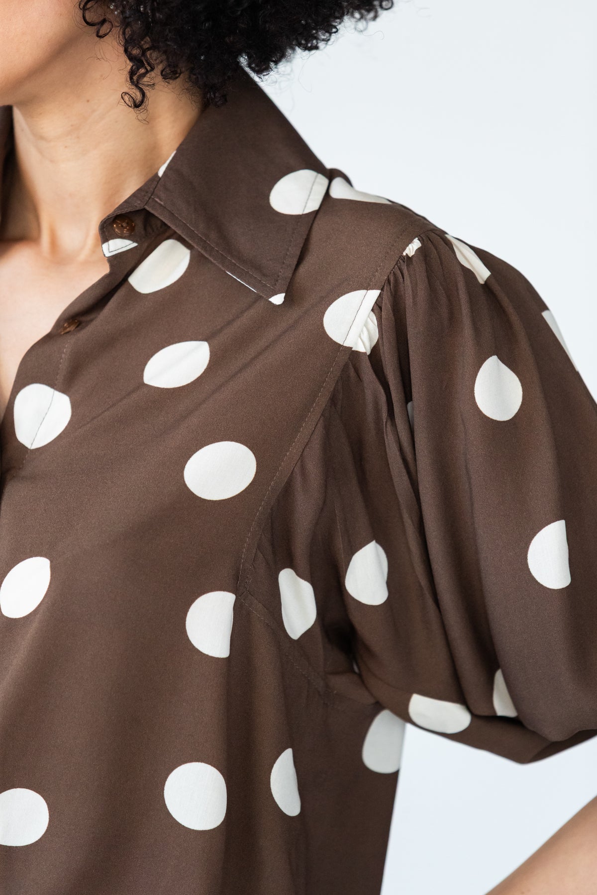Harper polka dot shirt, close-up of gathered shoulder and balloon sleeve