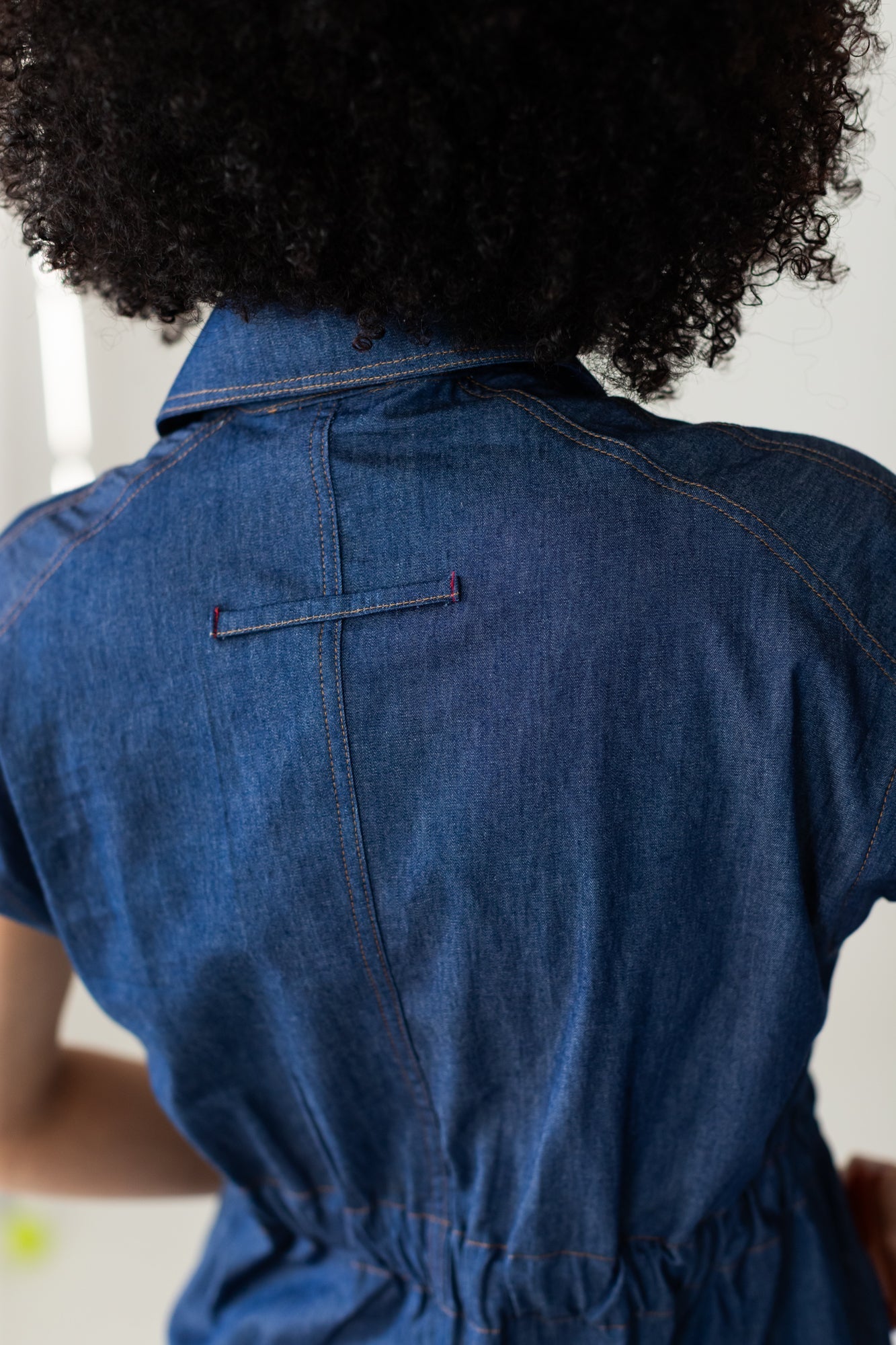 Reese denim shirt, close up of back loop tab detail