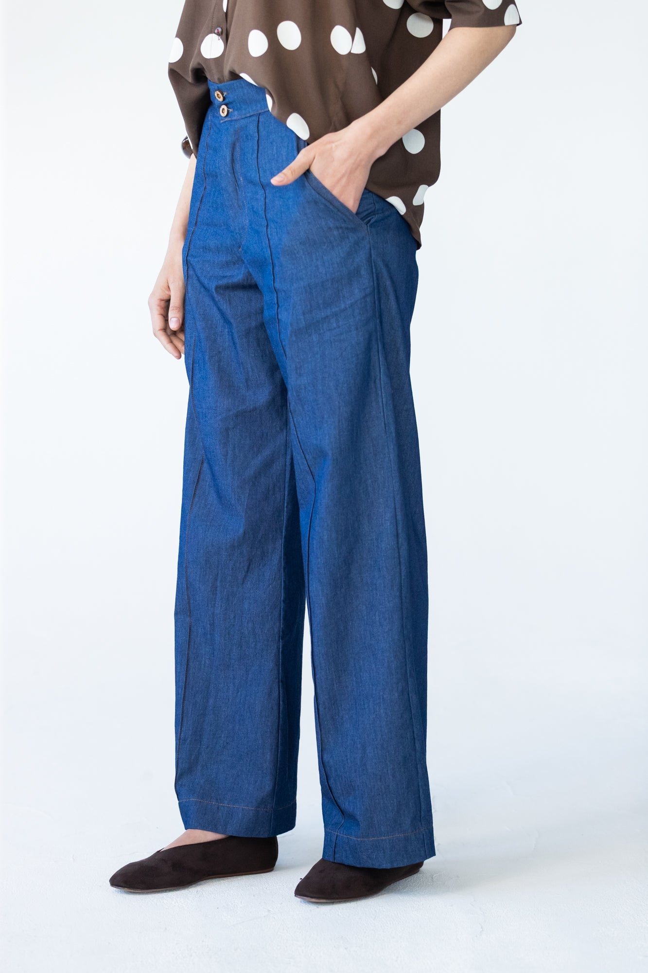 Blair wide leg denim pants, close up of back pocket detail