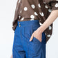 Blair wide leg denim pants, close up of waistband and centre seam detail
