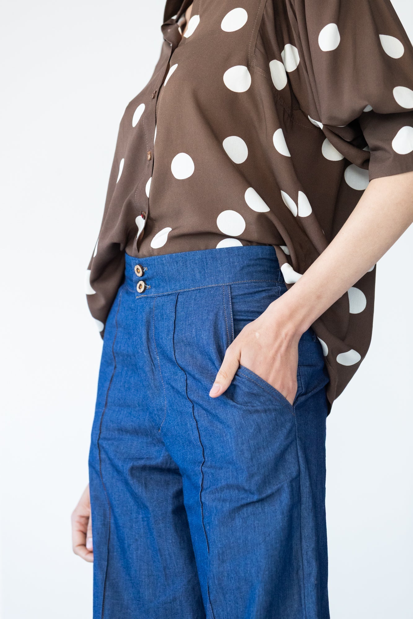 Blair wide leg denim pants, close up of waistband and centre seam detail