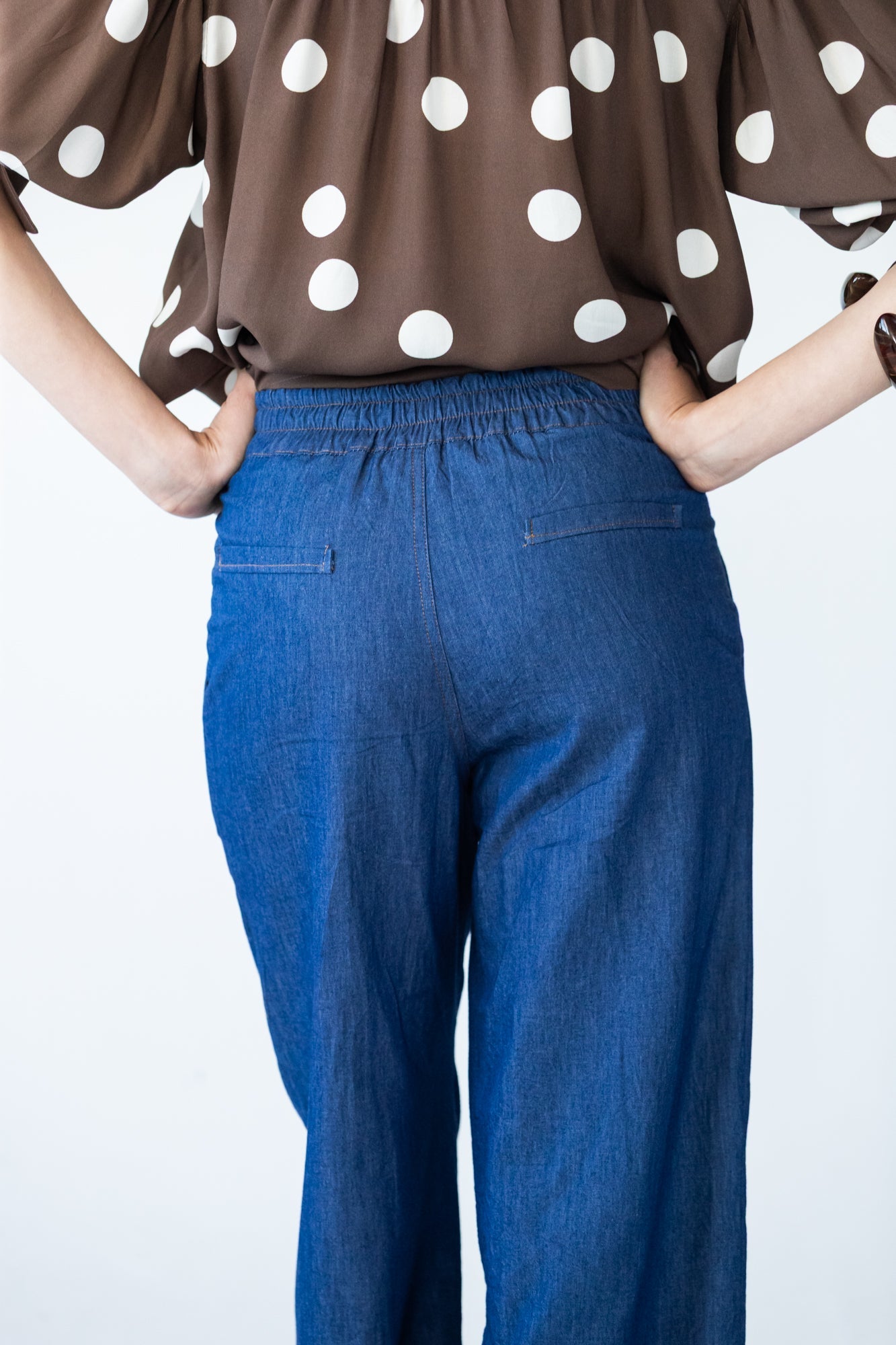 Blair wide leg denim pants, close up of back waistband and pockets